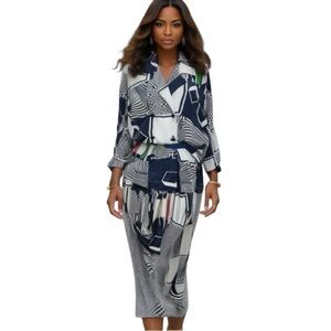 Vintage Leslie Belle blue white print blouse jacket skirt set 13/14